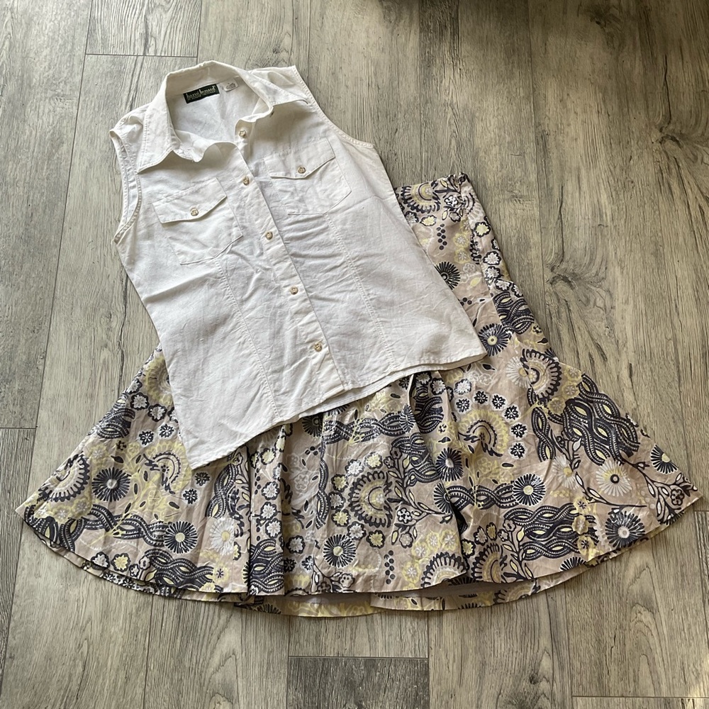 Women’s 2 piece floral skirt set size 6 sleeveless linen blouse